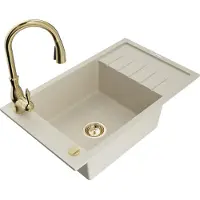 Mexen Elias 1 Becken-Granitspüle mit Abtropffläche und Mischbatterie Savita, Beige - 6511-69-672601-50