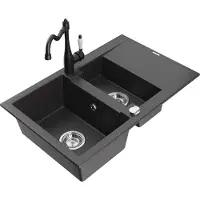 Mexen Gaspar 1,5-Becken-Granitspüle mit Abtropffläche und Mischbatterie Carla, Schwarz gesprenkelt - 6507-76-670700-70