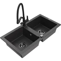 Mexen Mario 2-Becken-Granitspüle mit Mischbatterie Duo, Schwarz gesprenkelt - 6504-76-671701-70-B