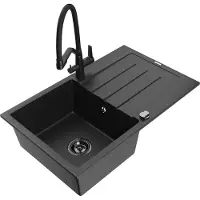 Mexen Bruno 1 Becken-Granitspüle mit Abtropffläche und Mischbatterie Duo, Schwarz/Silbermetallic - 6513-73-671701-70-B