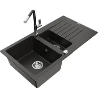 Mexen Matias 1,5-Becken-Granitspüle mit Abtropffläche und Mischbatterie Flora, Schwarz/Gold metallisch - 6502-75-670401-07