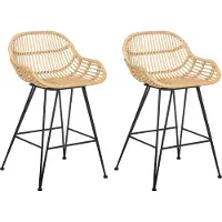 Beliani Barstuhl 2er Set Naturfarben Rattan Geflochten mit Rückenlehne Fußstütze Metallgestell ohne Armlehnen Boho Design Tresenstuhl Thekenstuhl