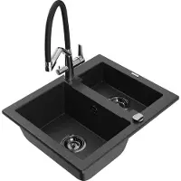 Mexen Carlos 1,5-Becken-Granitspüle mit Mischbatterie Duo, Schwarz/Silbermetallic - 6518-73-671701-07-B