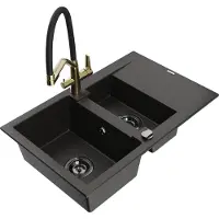Mexen Gaspar 1,5-Becken-Granitspüle mit Abtropffläche und Mischbatterie Duo, Schwarz/Gold metallisch - 6507-75-671701-57-B