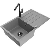 Mexen Bruno 1 Becken-Granitspüle mit Abtropffläche und Mischbatterie Flora, Grau - 6513-71-670401-70-B