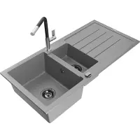 Mexen Andres 1,5-Becken-Granitspüle mit Abtropffläche und Mischbatterie Flora, Grau - 6515-71-670401-07-B