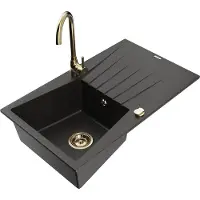 Mexen Cesar 1 Becken-Granitspüle mit Abtropffläche und Mischbatterie Telma, Schwarz/Gold - 6514-75-670200-50