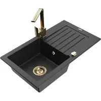 Mexen Pablo 1 Becken-Granitspüle mit Abtropffläche und Mischbatterie Rita, Schwarz/Silbermetallic- 6510-73-670300-50