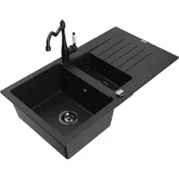 Mexen Matias 1,5-Becken-Granitspüle mit Abtropffläche und Mischbatterie Carla, Schwarz - 6502-77-670700-70-B
