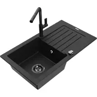 Mexen Pablo 1 Becken-Granitspüle mit Abtropffläche und Mischbatterie Flora, Schwarz - 6510-77-670401-70-B