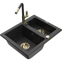 Mexen Carlos 1,5-Becken-Granitspüle mit Mischbatterie Flora, Schwarz/Silbermetallic - 6518-73-670401-57-G