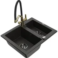 Mexen Carlos 1,5-Becken-Granitspüle mit Mischbatterie Duo, Schwarz/Gold metallisch - 6518-75-671701-57-B
