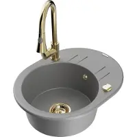 Mexen Kevin 1 Becken-Granitspüle mit Abtropffläche und Mischbatterie Elia, Grau - 6517-71-670101-50