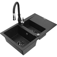 Mexen Gaspar 1,5-Becken-Granitspüle mit Abtropffläche und Mischbatterie Savita, Schwarz/Silber - 6507-73-672601-70-B