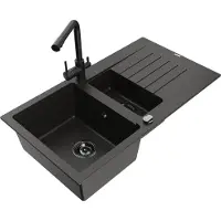 Mexen Matias 1,5-Becken-Granitspüle mit Abtropffläche und Mischbatterie Duero, Schwarz/Gold - 6502-75-671600-70-B