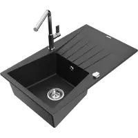 Mexen Cesar 1 Becken-Granitspüle mit Abtropffläche und Mischbatterie Flora, Schwarz/Silbermetallic - 6514-73-670401-00