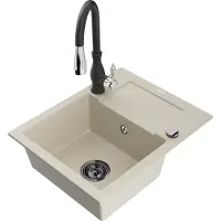 Mexen Enzo 1 Becken-Granitspüle mit Abtropffläche und Mischbatterie Savita, Beige - 6506-69-672601-70