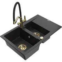 Mexen Gaspar 1,5-Becken-Granitspüle mit Abtropffläche und Mischbatterie Duo, Schwarz/Silber - 6507-73-671701-57-G
