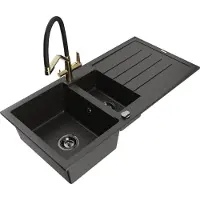 Mexen Andres 1,5-Becken-Granitspüle mit Abtropffläche und Mischbatterie Duo, Schwarz/Gold metallisch - 6515-75-671701-57-B