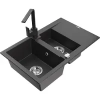 Mexen Gaspar 1,5-Becken-Granitspüle mit Abtropffläche und Mischbatterie Rita, Schwarz gesprenkelt - 6507-76-670300-76
