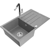 Mexen Bruno 1 Becken-Granitspüle mit Abtropffläche und Mischbatterie Flora, Grau - 6513-71-670401-07