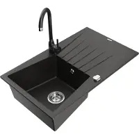 Mexen Cesar 1 Becken-Granitspüle mit Abtropffläche und Mischbatterie Telma, Schwarz/Gold - 6514-75-670200-70
