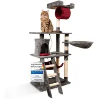 Xonic Foxdevil by Stabiler Kratzbaum für Katzen - Vielseitiger Katzenkratzbaum mit Aussichtsplattform, Hängematte, Kuschelhöhle, Spielkordel, Treppe – 141 cm Hoch – [ Grau/Rot V1]