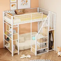 Sweiko Multifunktionales Hochbett 90 x 200 cm, Metallbett mit Stauraum, Ablageflächen und Treppe, Erwachsenenbett und Kinderbett, Weiß
