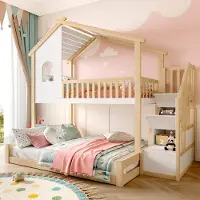 Sweiko Etagenbett, 90x200cm+140x200cm, Bettgitter, Stauraumleiter, Fenster, Hausleiste, Natur+ Weiß