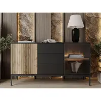 GRAINGOLD Kommode Deo - Kommode mit Schubladen und Türen - Sideboard, TV-Kommode, LED-Beleuchtung, Kommode mit Glas - Kommode Graphit, Eiche Wotan
