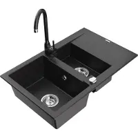 Mexen Gaspar 1,5-Becken-Granitspüle mit Abtropffläche und Mischbatterie Telma, Schwarz - 6507-77-670200-70