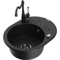 Mexen Kevin 1 Becken-Granitspüle mit Abtropffläche und Mischbatterie Carla, Schwarz - 6517-77-670700-70-B