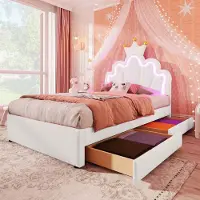 SUCCESS COURIER Polsterbett 90x200 cm mit LED & Schubladen, Kunstleder Prinzessinnenbett mit Kronenform und verstellbarem Kopfteil, modernes Kinder- & Jugendbett mit Stauraum für Schlafzimmer, Weiß