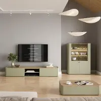 Lomadox Wohnzimmer Set in Grün mit Eiche, Couchtisch, 220 cm Lowboard, Vitrine inkl. Beleuchtung, 3-teilig - ELOY-141