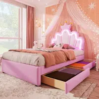 SUCCESS COURIER Polsterbett 90x200 cm Kinderbett mit LED-Beleuchtung & Stauraum Kronenform Bettgestell mit 2 Schubladen Verstellbares Kopfteil Kunstleder Ohne Matratze Rosa