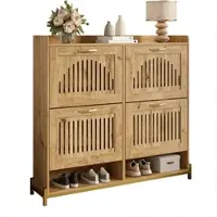 MODFU Schuhschrank Holzfarbe 109x24x100 cm mit 4 Lamellentüren und Metallgestell, platzsparender Flurschrank mit Ablage für Eingangsbereich