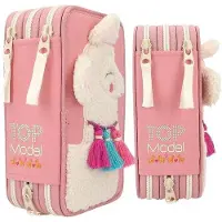 Famanu Etui mit 3 Fächern, Alpacamotief aus Teddyplüsch und bunten Quasten - Creme