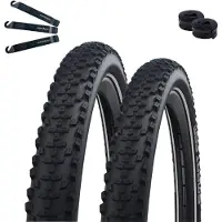 Bike-parts 2 x Schwalbe Smart Sam Fahrradreifen Performance DD RaceGuard ADDIX E-50 Schwarz+Reflex 65-584 (27.5 x 2.60") + 2 x Schwalbe Schläuche SV21F inkl. maxxi4you Reifenheber