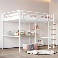 Sweiko Metall-Hochbett 140x200 cm, Sicherheitsleiter mit Treppe, Kinderbett mit Tisch und Regal, Jugendbett Erwachsenenbett, Metallgitter-Sicherheitszaun, Weiß