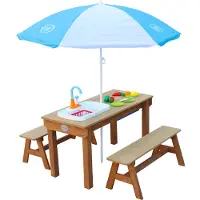 Axi Dennis Kinder Sand & Wasser Picknicktisch aus Holz | Wasserspieltisch & Sandtisch mit Bänken, Deckel, Behältern & Spüle | Kindertisch / Matschtisch in Braun mit Sonnenschirm für den Garten