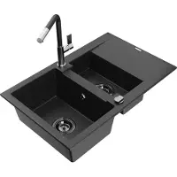Mexen Gaspar 1,5-Becken-Granitspüle mit Abtropffläche und Mischbatterie Flora, Schwarz/Silber - 6507-73-670401-07-B