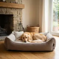 4L Textil TEO Hundekorb mittelgroße Hunde Kuscheliges Hundebett mit Bezug Hundekissen flauschig Hundekörbchen Hundesofa (120x100 cm, Braun/Beige)
