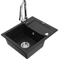 Mexen Enzo 1 Becken-Granitspüle mit Abtropffläche und Mischbatterie Elia, Schwarz - 6506-77-670101-00