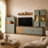Lomadox Wohnwand in Grün mit Eiche, inkl. Beleuchtung, Highboard & 2 Lowboards & 2 Vitrinen & Wandboard, 6-teilig - ISCHIA-36