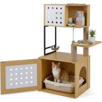 Costway Kratzbaum mit Katzenklo Schrank, Katzenschrank für Katzentoilette, Katzenhaus Holz, Katzenkratzbaum mit Futterstation,Sisalpfosten&Kratzmatten