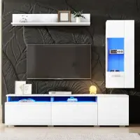 XTEILC 3-teilig TV Wohnwand Set, LED Beleuchtung Wohnzimmer Möbel Set Frontale Wohnwand 1 x TV Schrank, 1 x Wohnzimmer Vitrine, 1 x Hängeregal, TV bis 80'