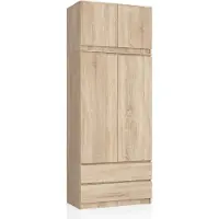 Akord Kleiderschrank – Schlafzimmerschrank – Schrank mit Kleiderstange – Sonoma Eiche – 90 cm – Erweiterbarer Drehtürenschrank mit Aufsatz und 2 Schubladen