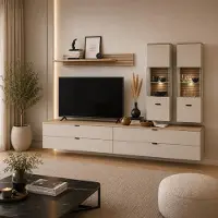 Lomadox Wohnwand in Beige mit Eiche, inkl. Beleuchtung, 2 Vitrinen & 2 Lowboards & Wandboard, 5-teilig - ISCHIA-36