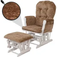 Mendler Relaxsessel HWC-C76, Schaukelstuhl Schwingstuhl mit Hocker Stoff Chenille (465g/m²) hellbraun, Gestell weiß