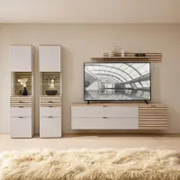 Lomadox Wohnwand in Beige mit Eiche, inkl. Beleuchtung, 2 Vitrinen & 2 Lowboards & Wandboard, 5-teilig - ISCHIA-36